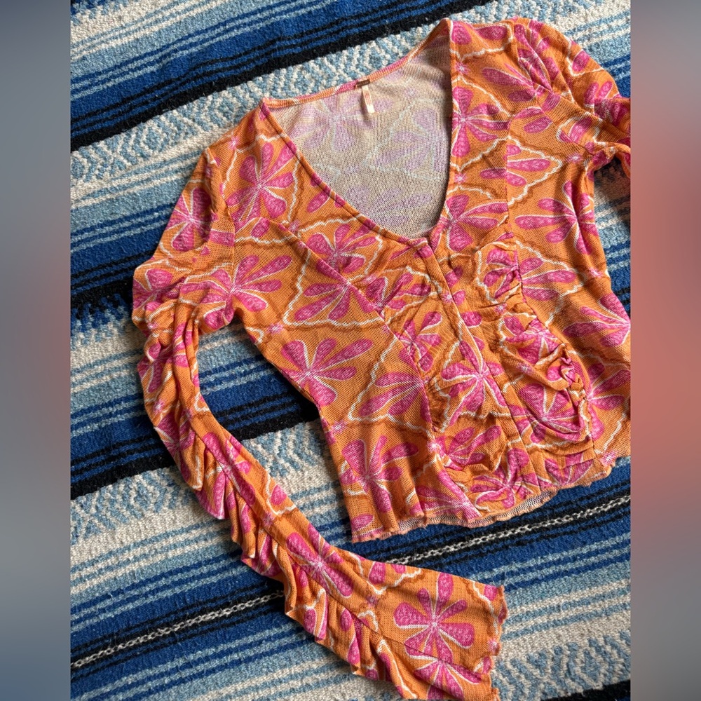 Free People through the meadow rouched mesh flower top women’s small pink orange